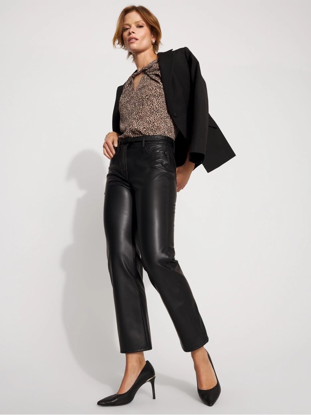 NWT WHBM Faux Leather Vegas Coated Black Straight High Rise Jeans Pants 4 Petite
